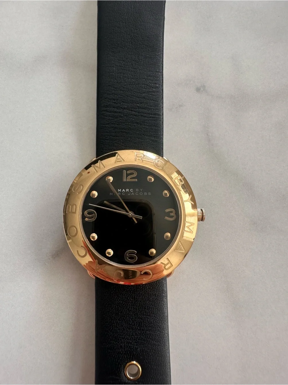 Marc Jacobs Black Leather Watch with Gold-Tone Case